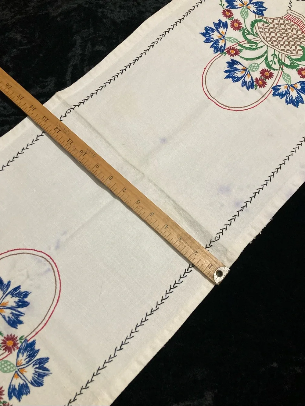 Embroidered Linen Table Runner with Black Stitch Border Flower Basket 36x14”